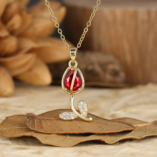 Nature-Inspired Pear Cut Ruby Teardrop Tulip/Flower Pendant Necklace 14K Gold Neckalce for Women