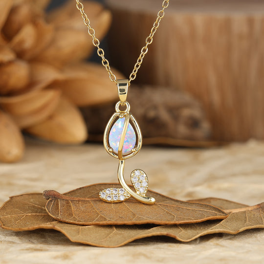 Nature-Inspired Pear Cut Ruby Teardrop Tulip/Flower Pendant Necklace 14K Gold Neckalce for Women