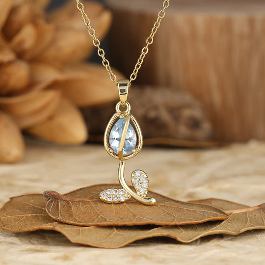 Nature-Inspired Pear Cut Aquamarine Teardrop Tulip/Flower Pendant Necklace 14K Gold Neckalce for Women