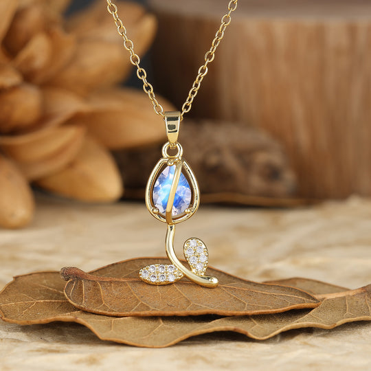 Nature-Inspired Pear Cut Lab Grown Moonstone Teardrop Tulip/Flower Pendant Necklace 14K Gold Neckalce for Women