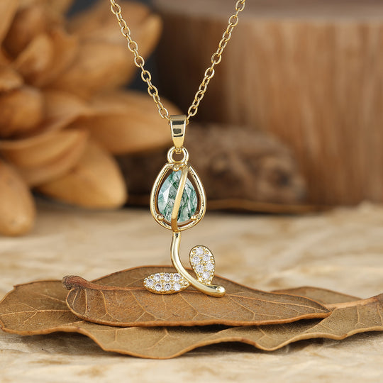 Nature-Inspired Pear Cut Aquamarine Teardrop Tulip/Flower Pendant Necklace 14K Gold Neckalce for Women
