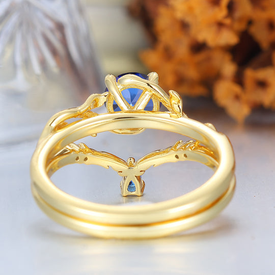 Vintage Nature-Inspired Blue Sapphire Leaf Wedding Set Handmade Promise Anniversary Bridal Ring