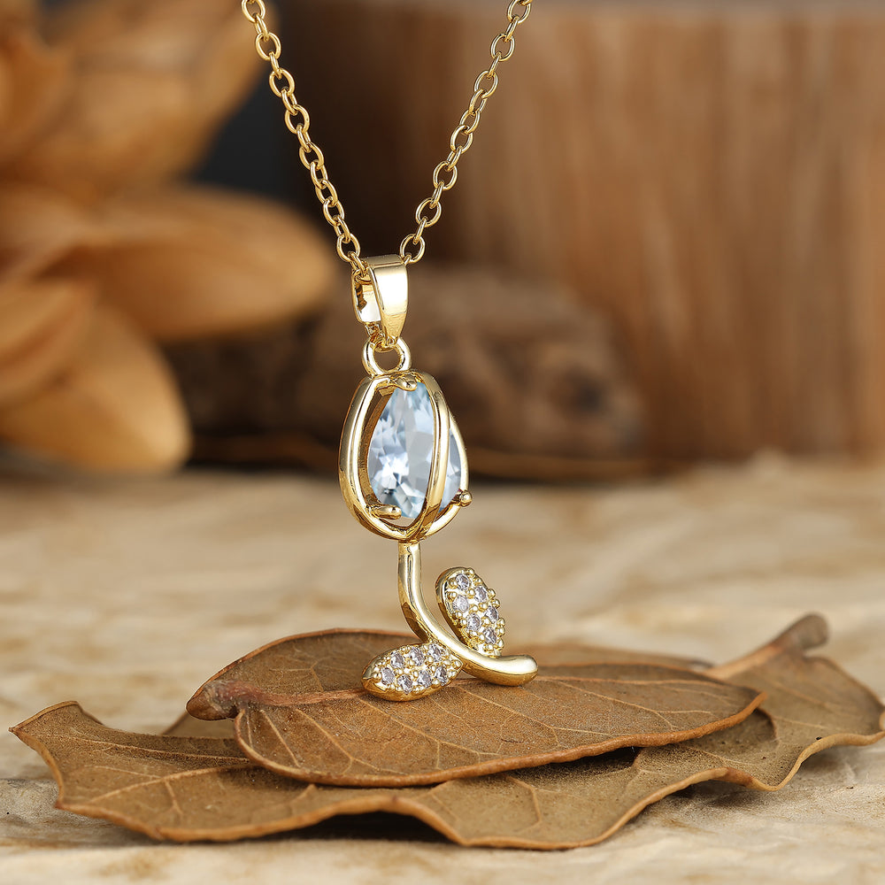 Nature-Inspired Pear Cut Aquamarine Teardrop Tulip/Flower Pendant Necklace 14K Gold Neckalce for Women