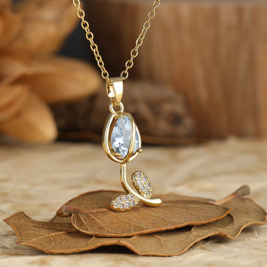 Nature-Inspired Pear Cut Aquamarine Teardrop Tulip/Flower Pendant Necklace 14K Gold Neckalce for Women