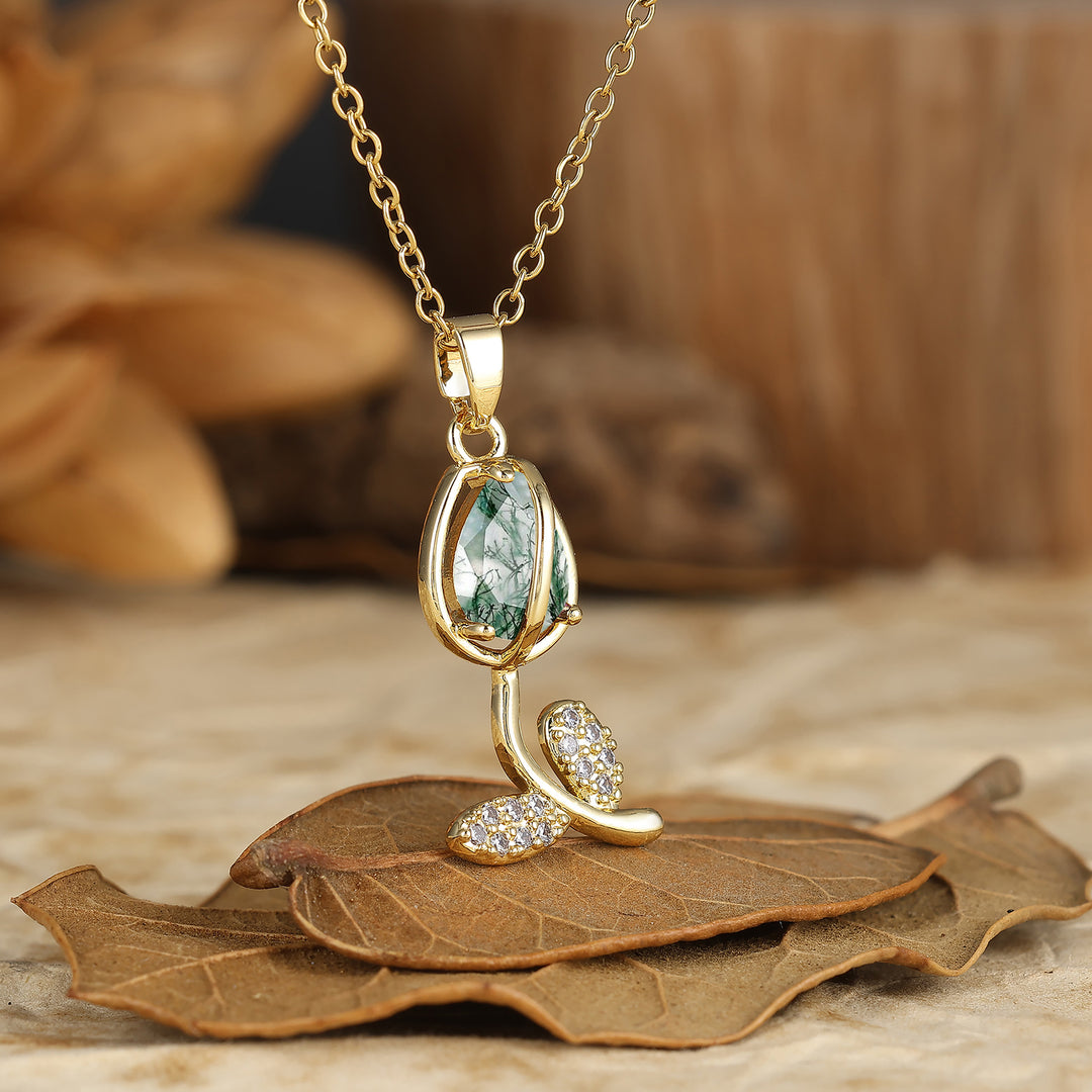 Nature-Inspired Pear Cut Aquamarine Teardrop Tulip/Flower Pendant Necklace 14K Gold Neckalce for Women