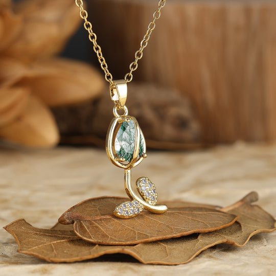 Nature-Inspired Pear Cut Aquamarine Teardrop Tulip/Flower Pendant Necklace 14K Gold Neckalce for Women