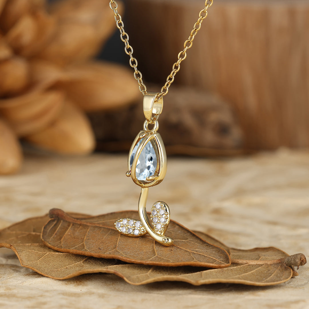 Nature-Inspired Pear Cut Aquamarine Teardrop Tulip/Flower Pendant Necklace 14K Gold Neckalce for Women
