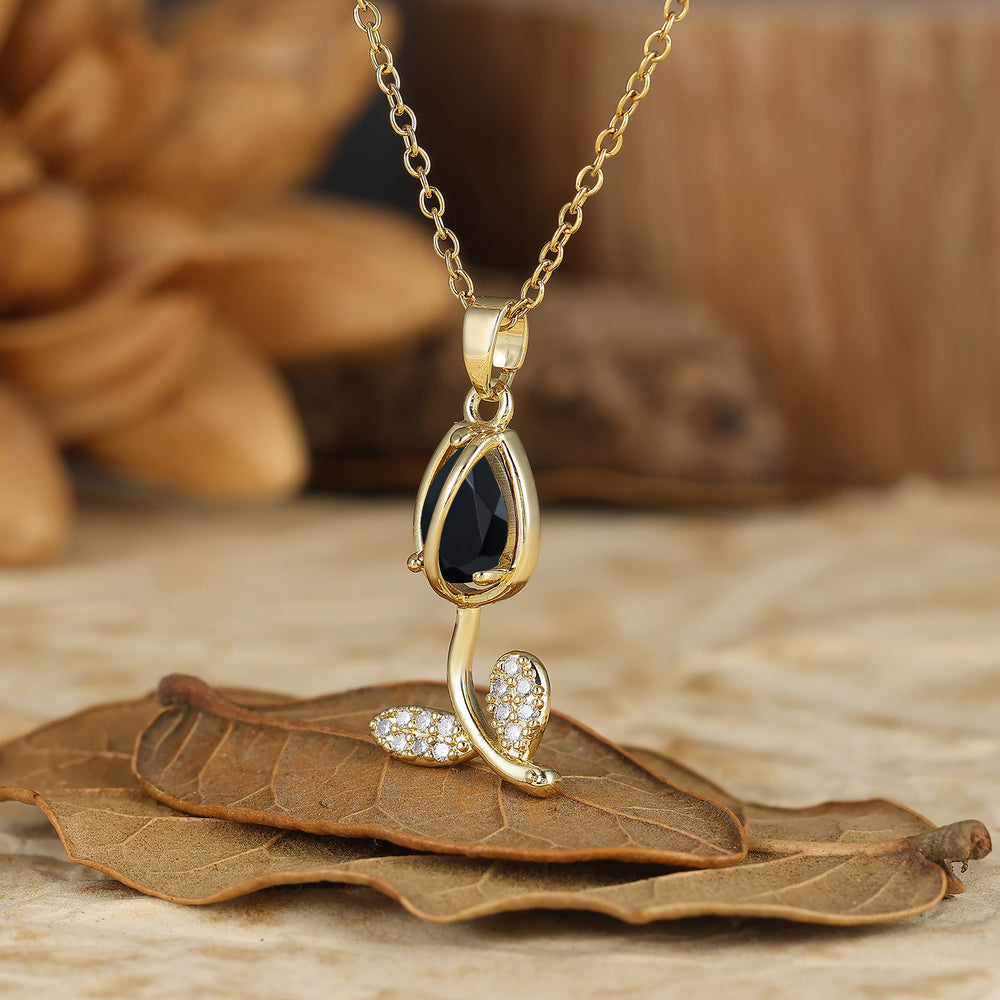 Nature-Inspired Pear Cut Black Onyx Teardrop Tulip/Flower Pendant Necklace 14K Gold Neckalce for Women