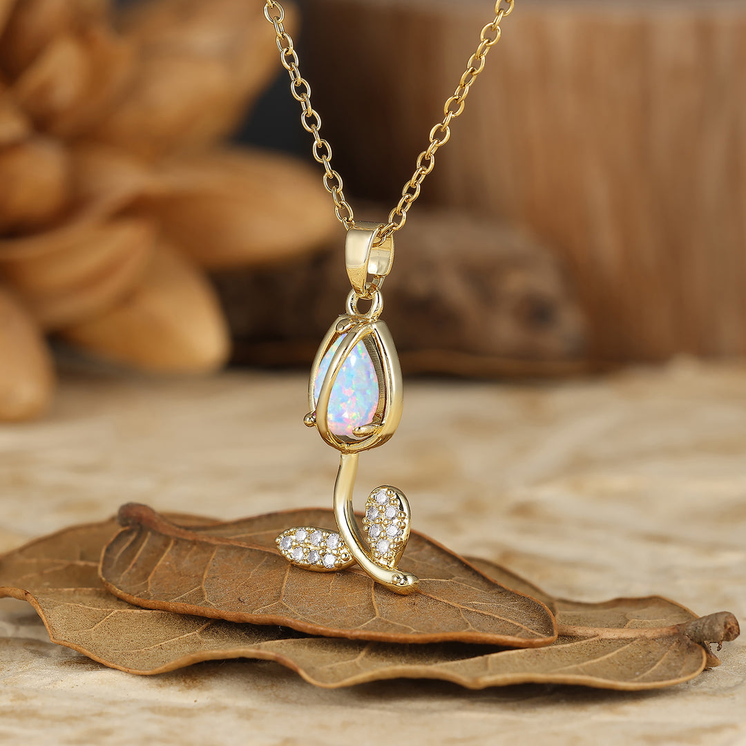 Nature-Inspired Pear Cut Ruby Teardrop Tulip/Flower Pendant Necklace 14K Gold Neckalce for Women
