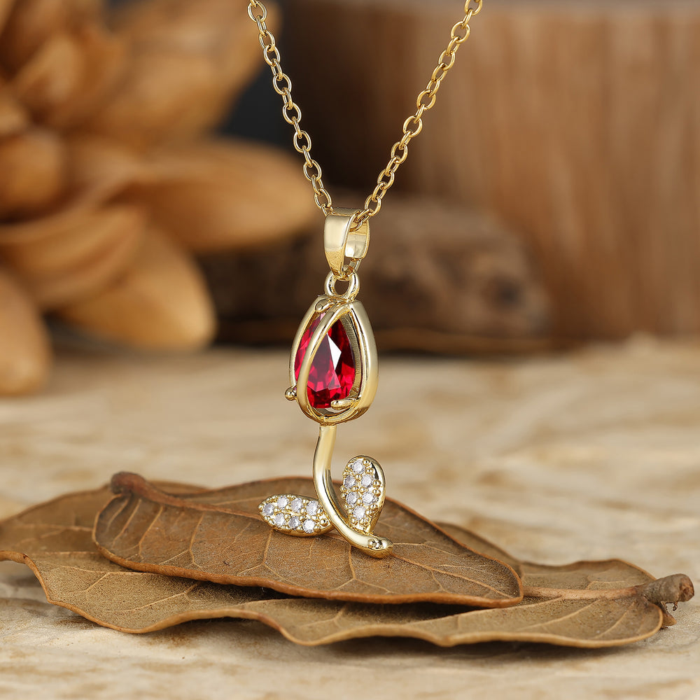 Nature-Inspired Pear Cut Ruby Teardrop Tulip/Flower Pendant Necklace 14K Gold Neckalce for Women