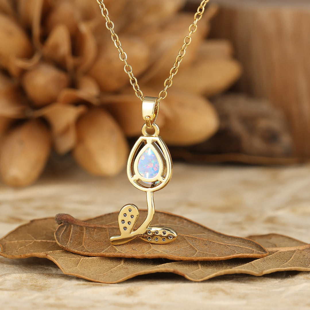 Nature-Inspired Pear Cut Ruby Teardrop Tulip/Flower Pendant Necklace 14K Gold Neckalce for Women