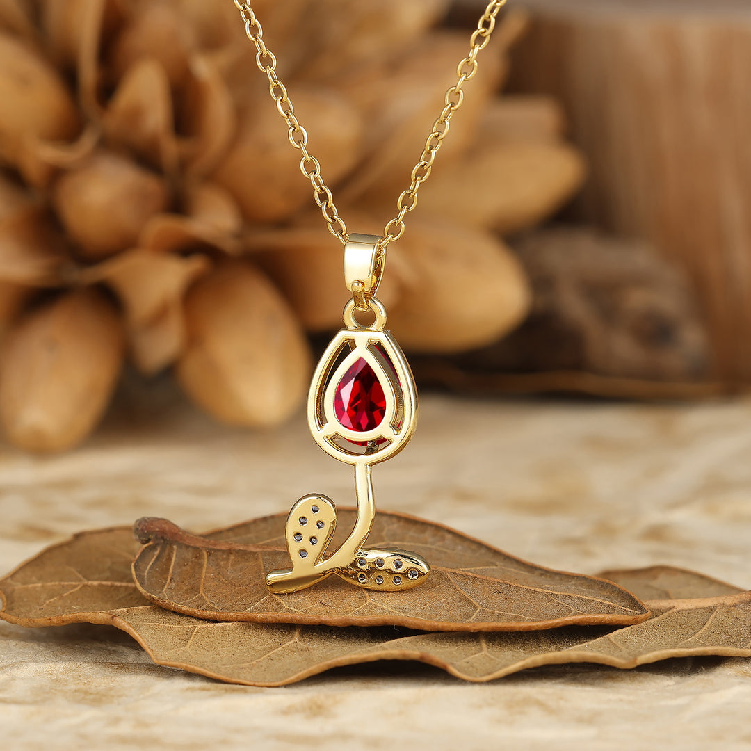 Nature-Inspired Pear Cut Ruby Teardrop Tulip/Flower Pendant Necklace 14K Gold Neckalce for Women