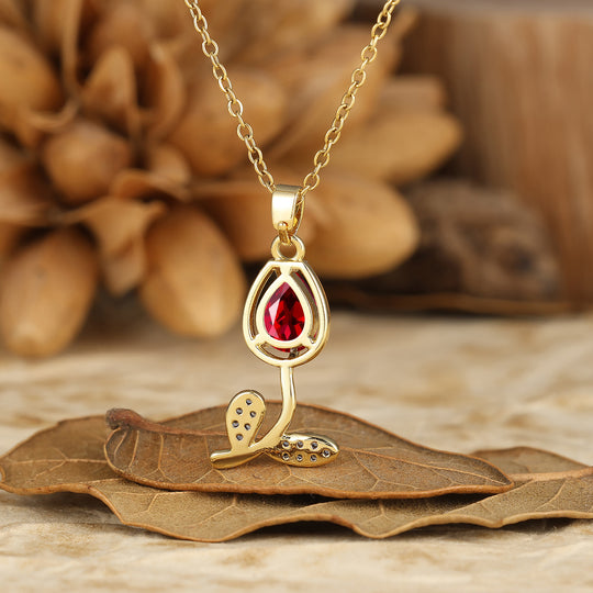 Nature-Inspired Pear Cut Ruby Teardrop Tulip/Flower Pendant Necklace 14K Gold Neckalce for Women