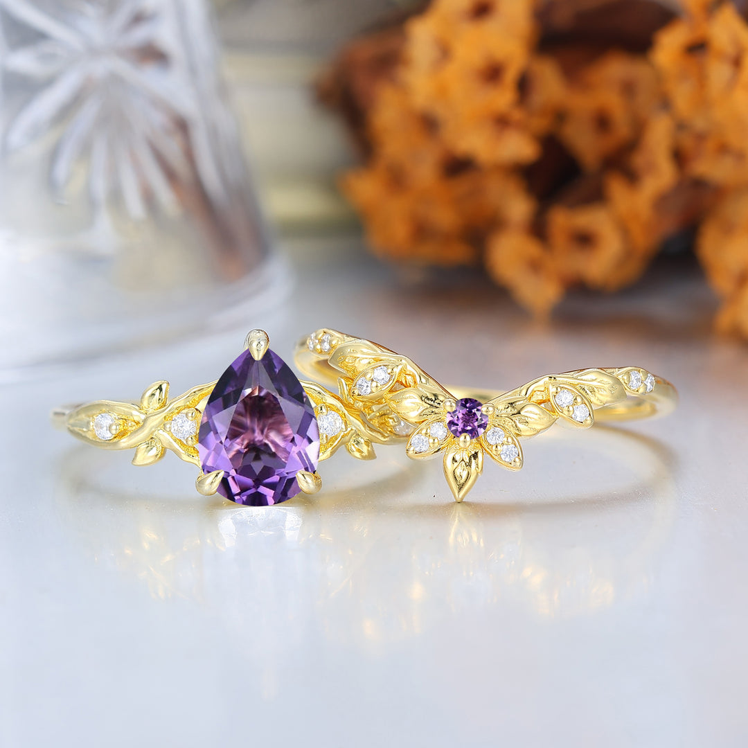 Ensemble de mariage inspiré par la nature avec poire et améthyste, bague de fiançailles romantique, ensemble de mariée, bague d'amélioration