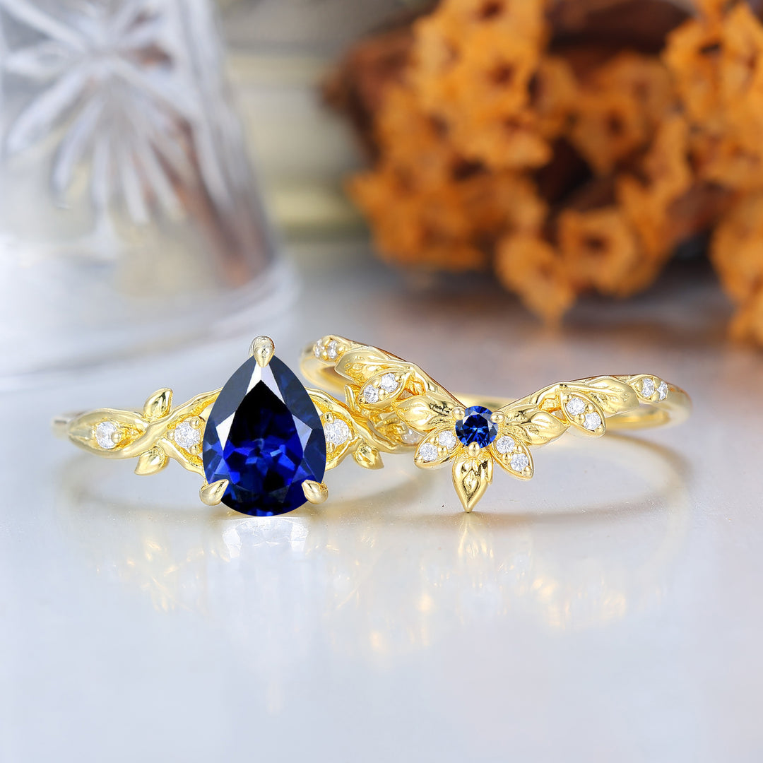 Nature Inspired Set Nuziale con Anello di Fidanzamento a Pera e Zaffiro Anello da Sposa Romantico Set con Anello Enhancer