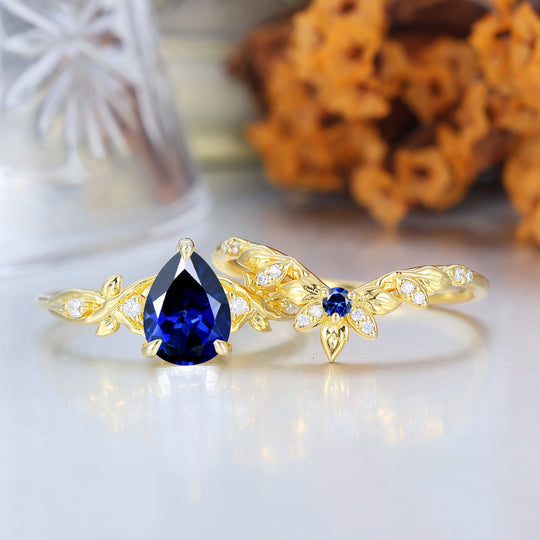 Nature Inspired Set Nuziale con Anello di Fidanzamento a Pera e Zaffiro Anello da Sposa Romantico Set con Anello Enhancer
