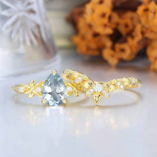 Vine Leaf Design Pear Cut Aquamarine Women Ring Set Vintage Aquamarine Yellow Gold Rings