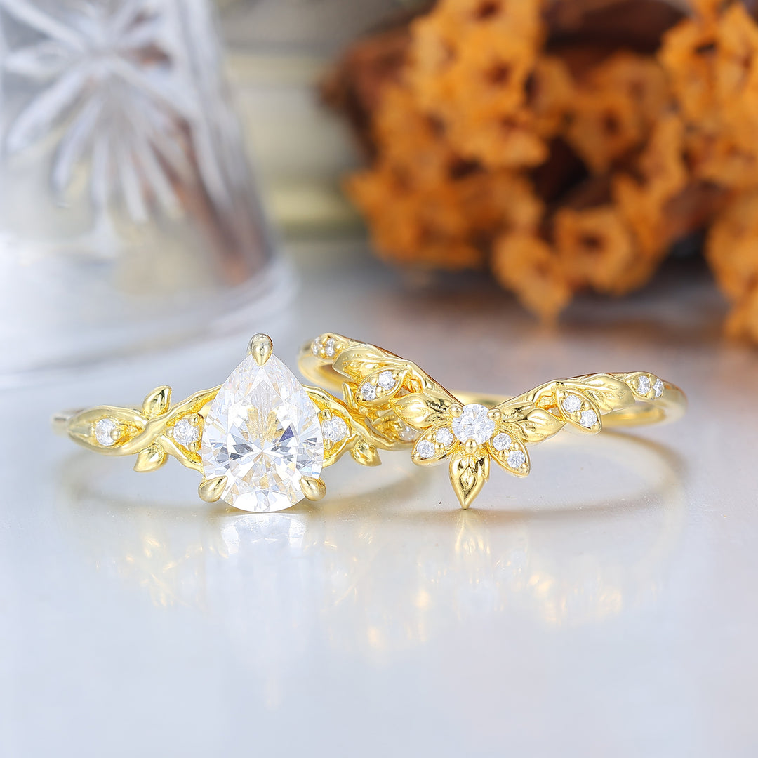 Nature Inspired Pear Moissanite Wedding Set Engagement Ring Romantic Bridal Set  Enhancer Ring