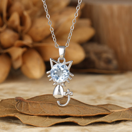 925 Sterling Silver Cute Dainty Round Aquamarine Cat Head Pendant Necklace 14K Gold Neckalce for Cat Lovers