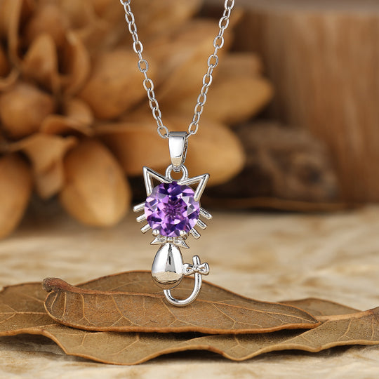 925 Sterling Silver Cute Dainty Round Aquamarine Cat Head Pendant Necklace 14K Gold Neckalce for Cat Lovers