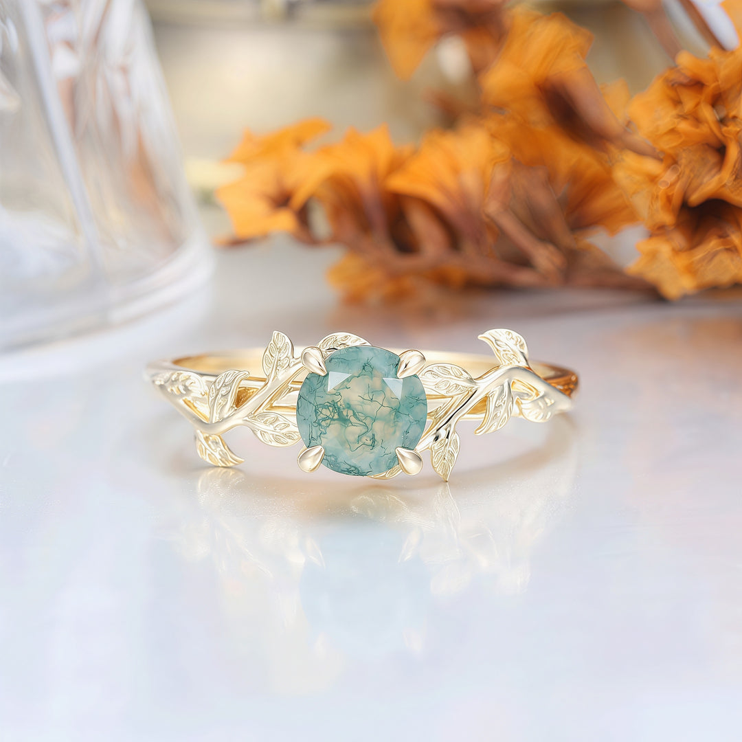Solitaire Round Shape Moss Agate Engagement Ring Leaf Inspired Wedding Ring For Women -  Esdomera.com