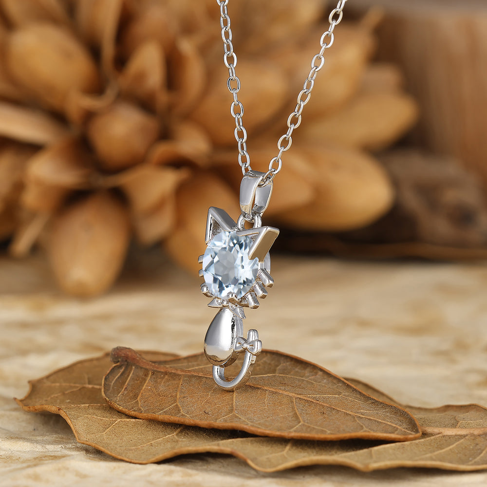925 Sterling Silver Cute Dainty Round Aquamarine Cat Head Pendant Necklace 14K Gold Neckalce for Cat Lovers