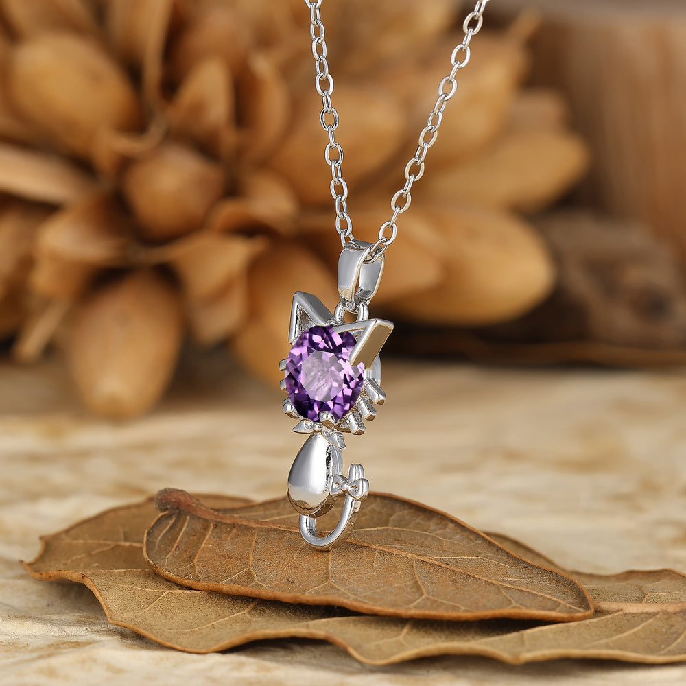 925 Sterling Silver Cute Dainty Round Natural Amethyst Cat Head Pendant Necklace 14K Gold Neckalce for Cat Lovers