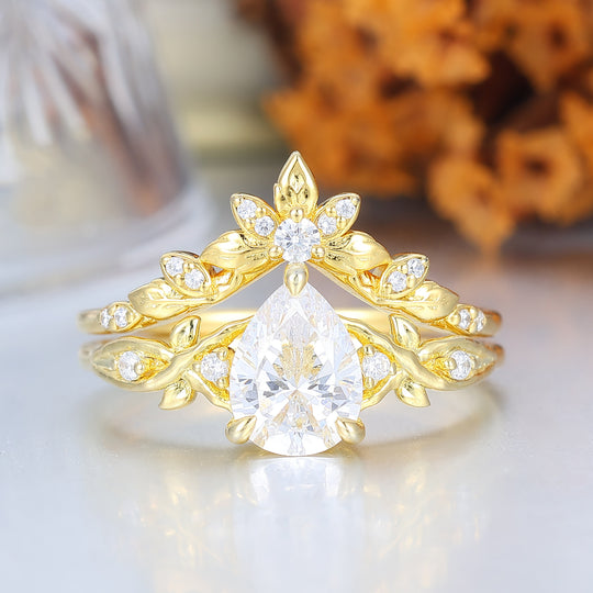 Nature Inspired Pear Moissanite Wedding Set Engagement Ring Romantic Bridal Set  Enhancer Ring