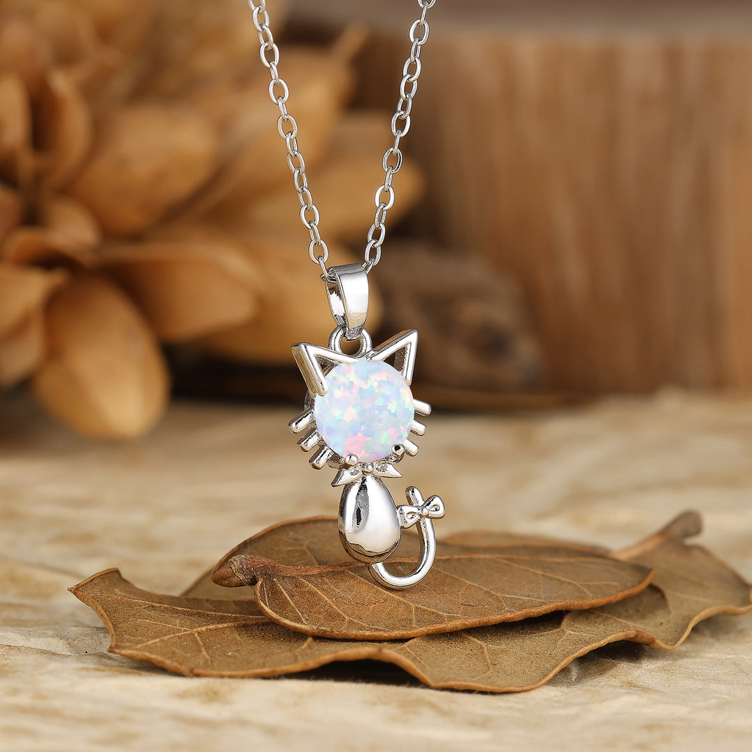 Argent sterling 925 Collier Pendentif Tête de Chat Rond Mignon Délicat Opale Rose et Blanche 14K Or pour Amoureux des Chats