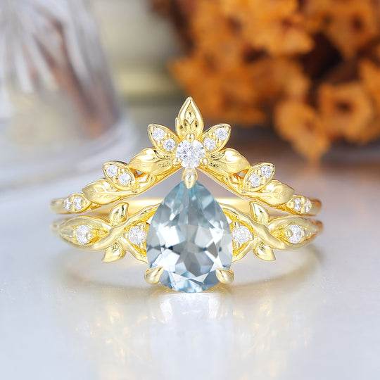 Vine Leaf Design Pear Cut Aquamarine Women Ring Set Vintage Aquamarine Yellow Gold Rings