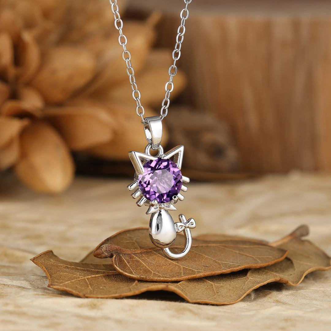 925 Sterling Silver Cute Dainty Round Aquamarine Cat Head Pendant Necklace 14K Gold Neckalce for Cat Lovers