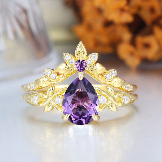 Ensemble de mariage inspiré par la nature avec poire et améthyste, bague de fiançailles romantique, ensemble de mariée, bague d'amélioration