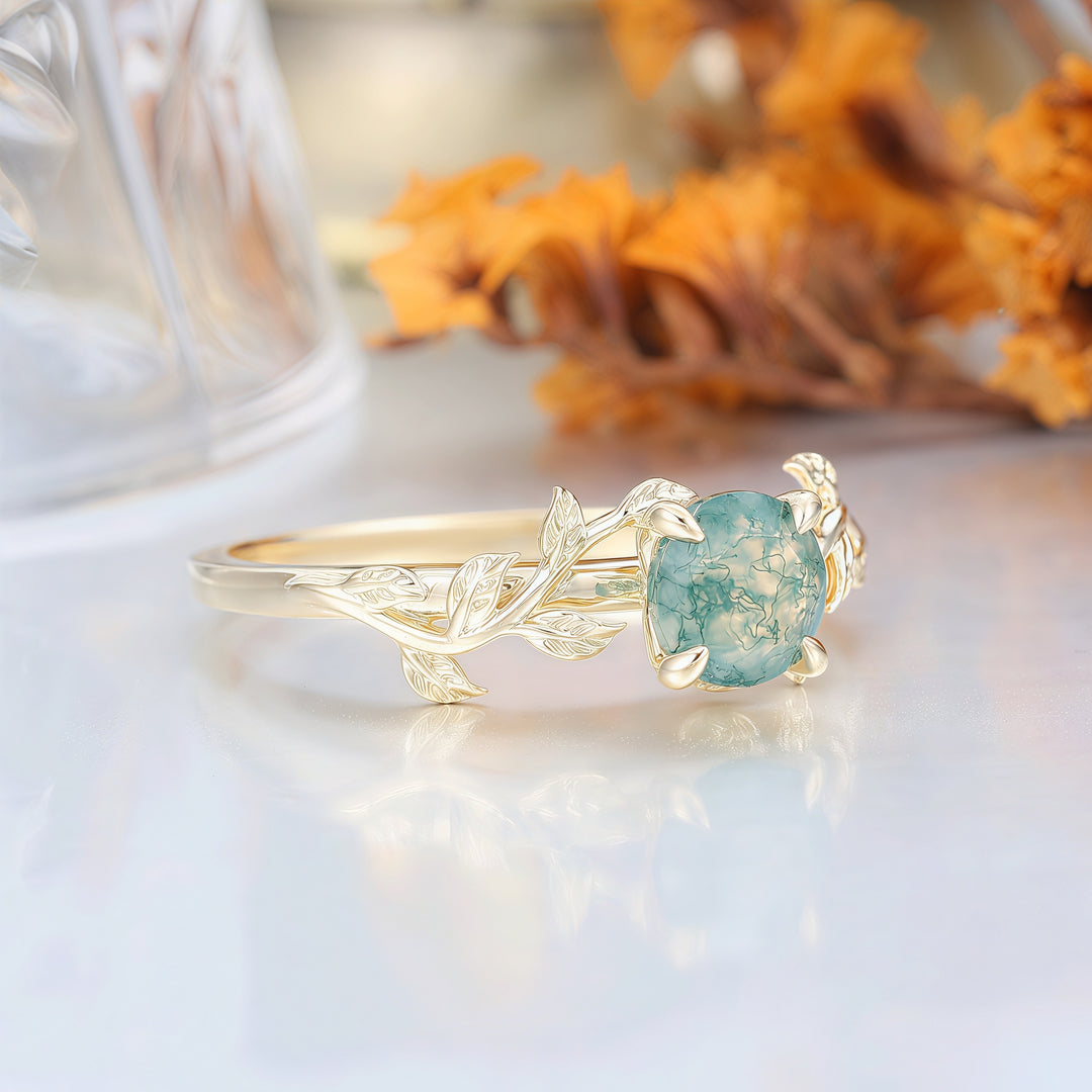 Solitaire Round Shape Moss Agate Engagement Ring Leaf Inspired Wedding Ring For Women -  Esdomera.com