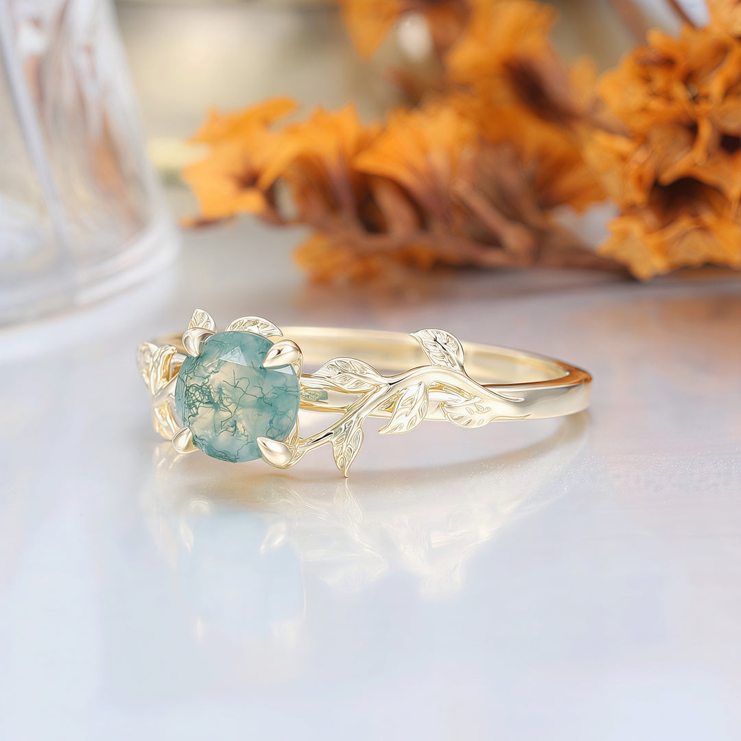 Solitaire Round Shape Moss Agate Engagement Ring Leaf Inspired Wedding Ring For Women -  Esdomera.com
