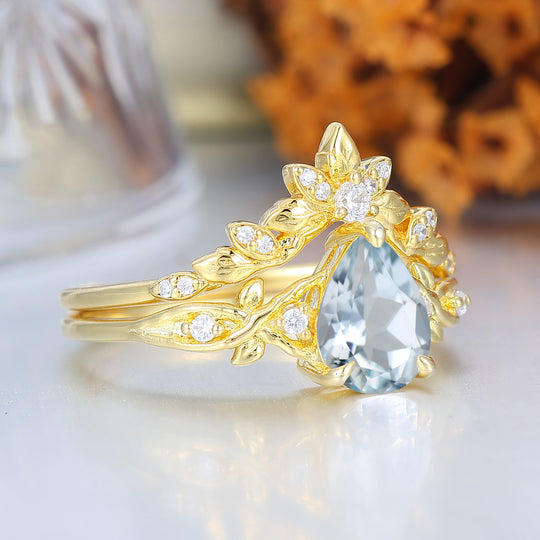 Vine Leaf Design Pear Cut Aquamarine Women Ring Set Vintage Aquamarine Yellow Gold Rings