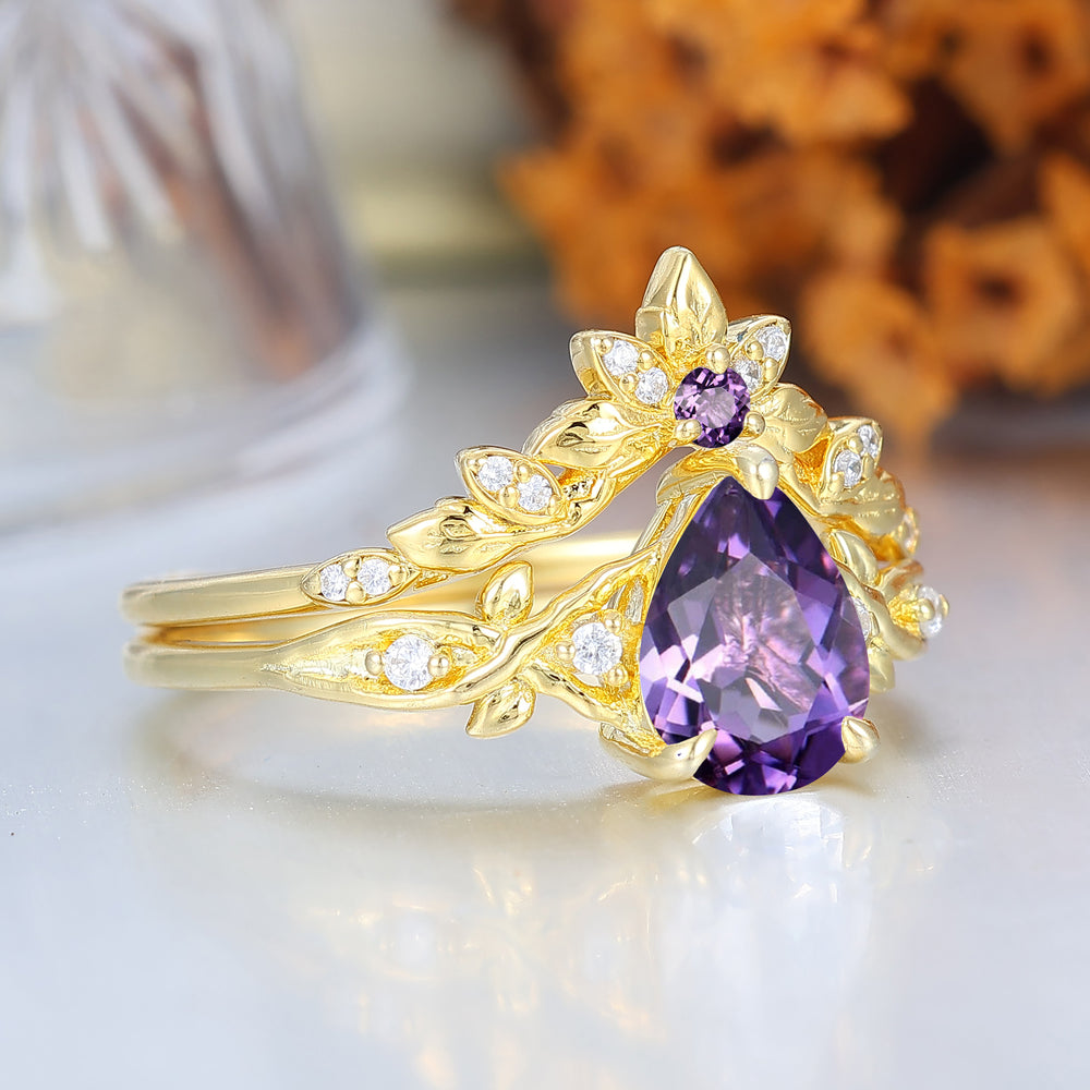 Nature Inspired Pear Amethyst Wedding Set Engagement Ring Romantic Bridal Set  Enhancer Ring