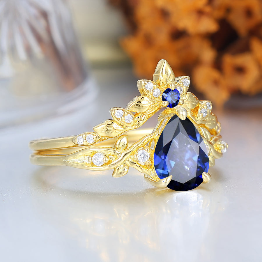 Nature Inspired  Pear Sapphire Wedding Set Engagement Ring Romantic Bridal Set  Enhancer Ring