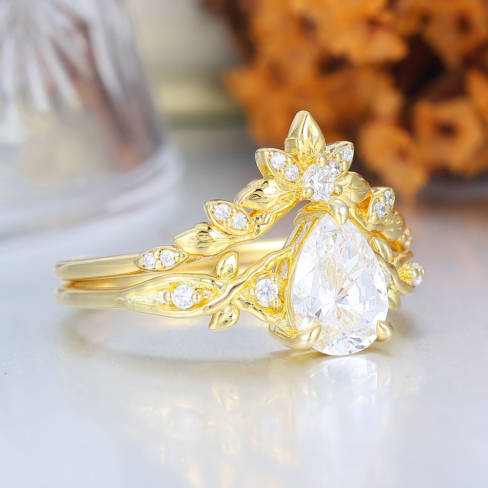 Nature Inspired Pear Moissanite Wedding Set Engagement Ring Romantic Bridal Set  Enhancer Ring