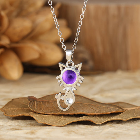 925 Sterling Silver Cute Dainty Round Aquamarine Cat Head Pendant Necklace 14K Gold Neckalce for Cat Lovers