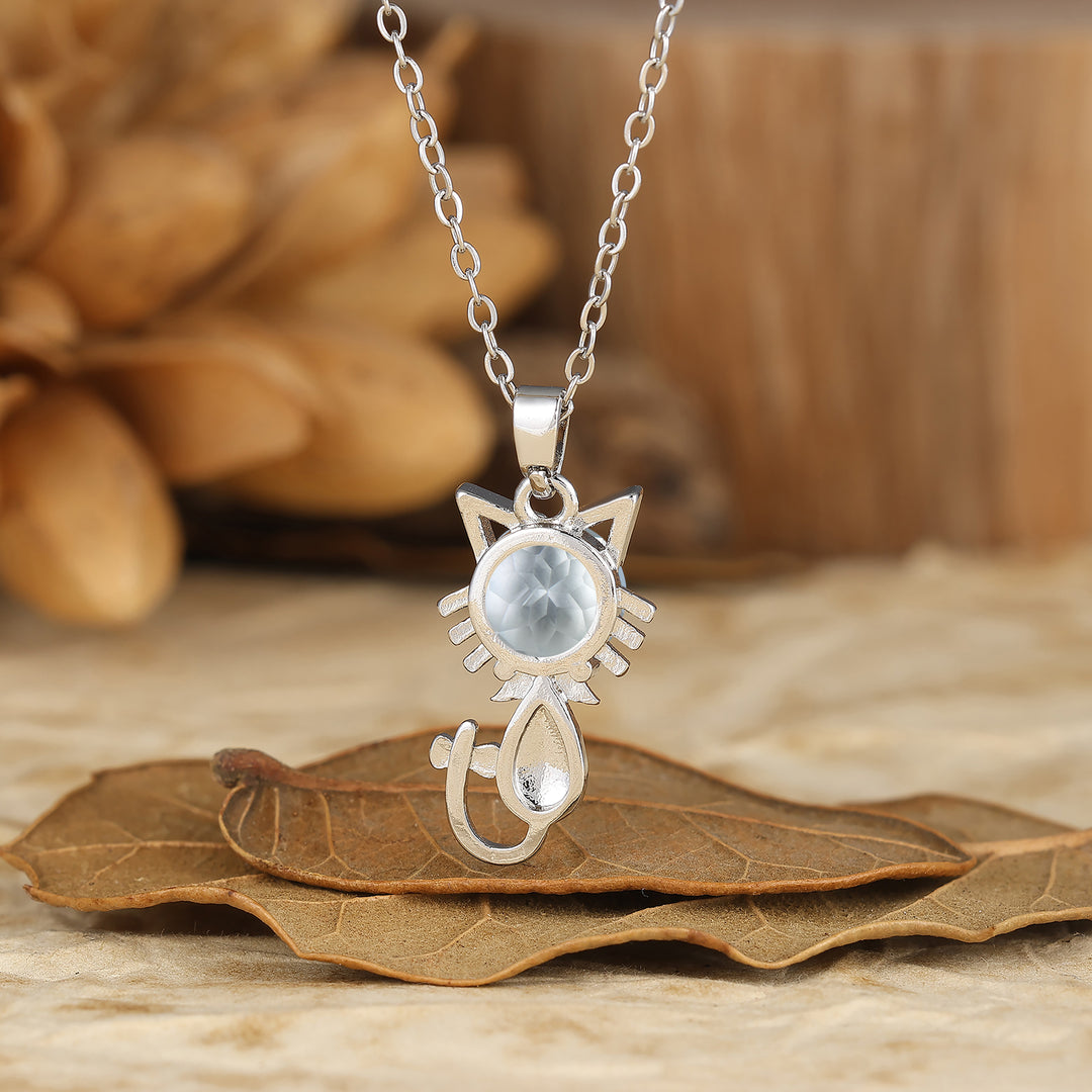 925 Sterling Silver Cute Dainty Round Aquamarine Cat Head Pendant Necklace 14K Gold Neckalce for Cat Lovers