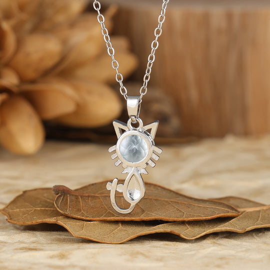 925 Sterling Silver Cute Dainty Round Aquamarine Cat Head Pendant Necklace 14K Gold Neckalce for Cat Lovers