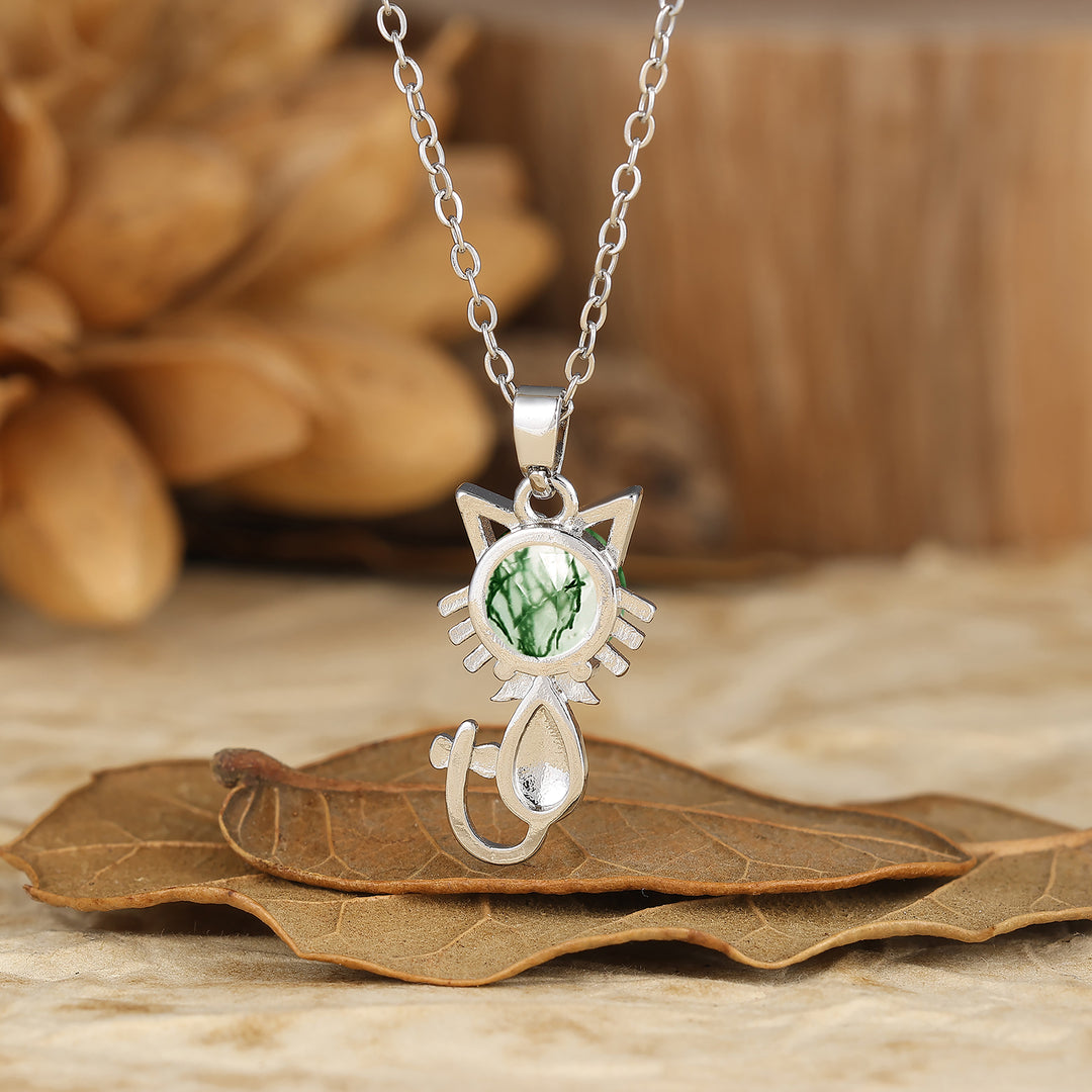 925 Sterling Silver Cute Dainty Round Aquamarine Cat Head Pendant Necklace 14K Gold Neckalce for Cat Lovers