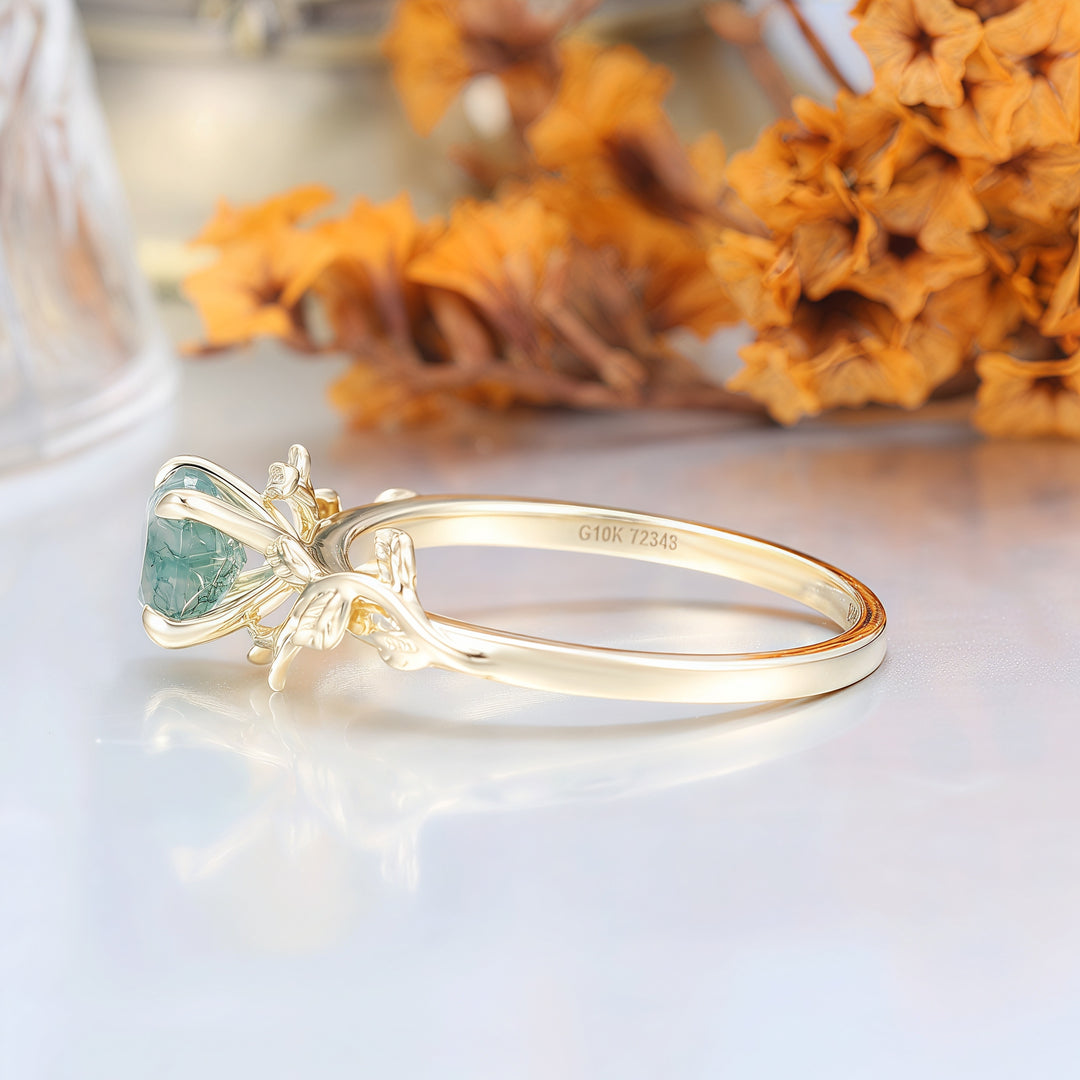 Solitaire Round Shape Moss Agate Engagement Ring Leaf Inspired Wedding Ring For Women -  Esdomera.com