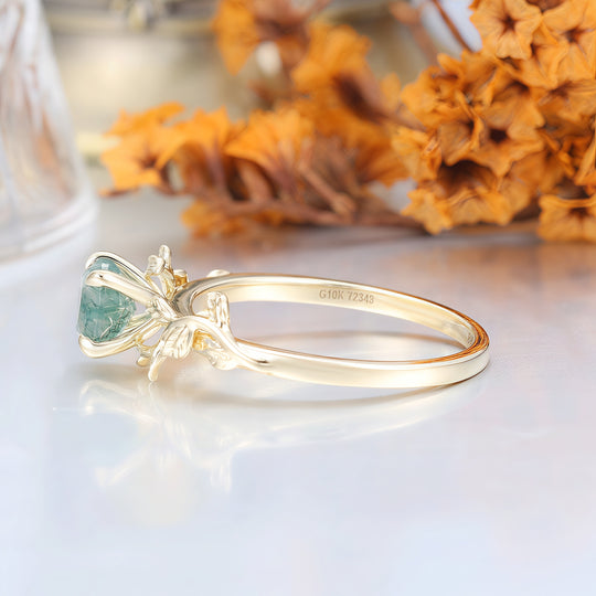 Solitaire Round Shape Moss Agate Engagement Ring Leaf Inspired Wedding Ring For Women -  Esdomera.com