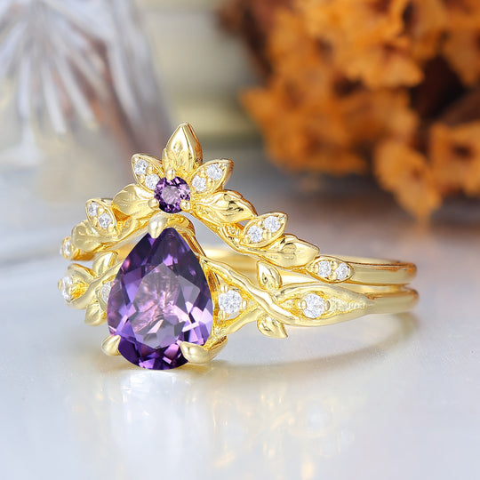Ensemble de mariage inspiré par la nature avec poire et améthyste, bague de fiançailles romantique, ensemble de mariée, bague d'amélioration