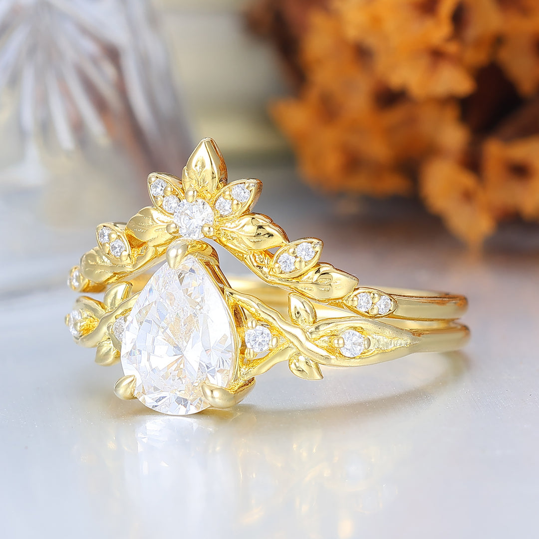 Nature Inspired Pear Moissanite Wedding Set Engagement Ring Romantic Bridal Set  Enhancer Ring