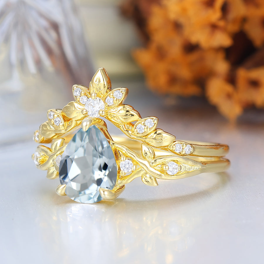 Vine Leaf Design Pear Cut Aquamarine Women Ring Set Vintage Aquamarine Yellow Gold Rings