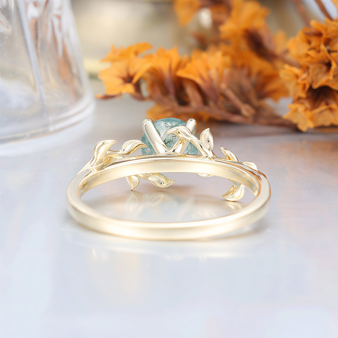 Solitaire Round Shape Moss Agate Engagement Ring Leaf Inspired Wedding Ring For Women -  Esdomera.com