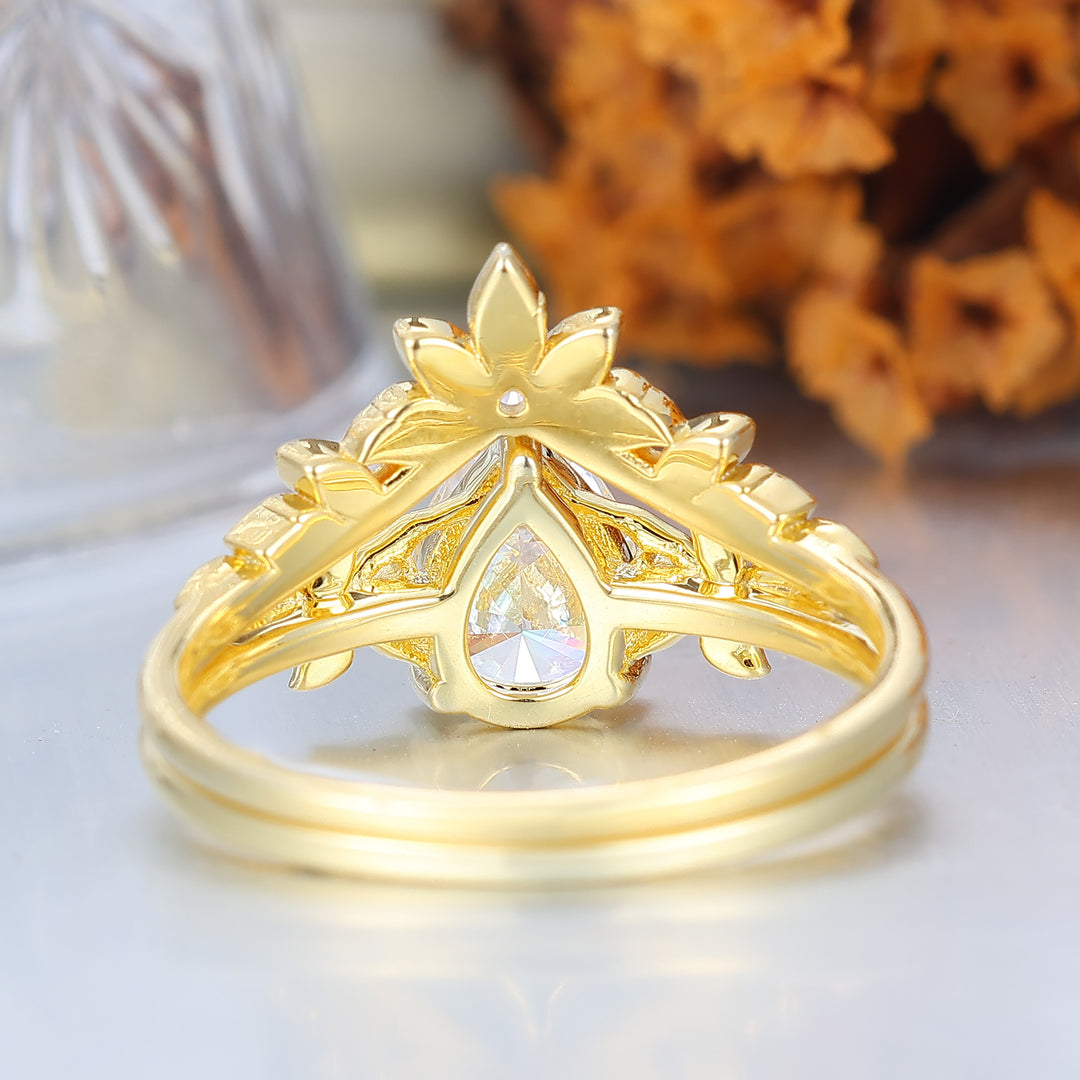 Nature Inspired Pear Moissanite Wedding Set Engagement Ring Romantic Bridal Set  Enhancer Ring