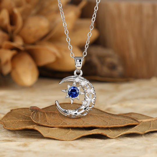 Crescent Moon Star Blue Sapphire Pendant Handmade Birthstone Necklace